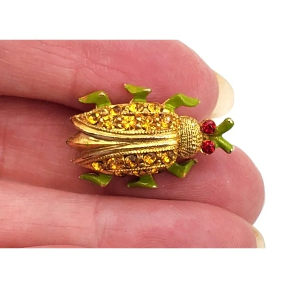 Vintage 6 Legged Red Eye Bug Pin Brooch Gold Tone Yellow Rhinestone Encrusted